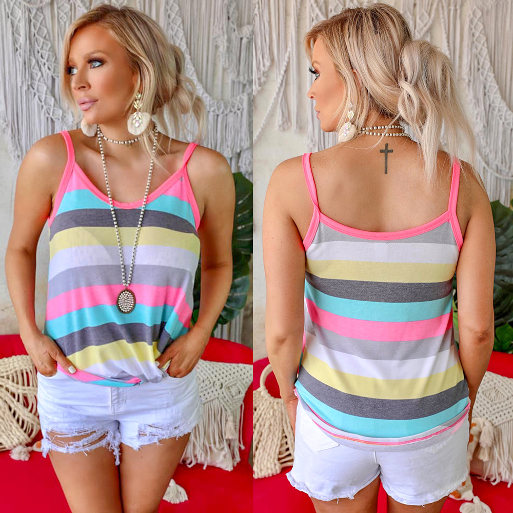 Summer New European And American Printed Striped Contrast Color Sleeveless Camisole Casual Vest