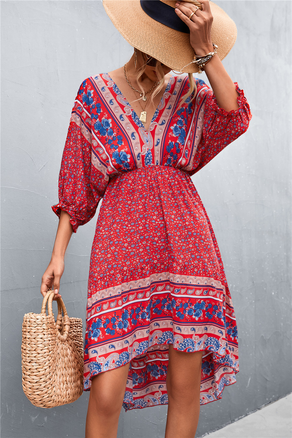 Bohemian V-neck Positioning Flower Irregular Backless Dress