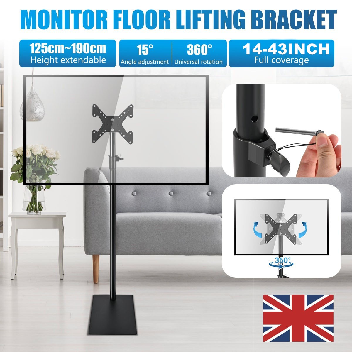 360 TV Floor Steel Stand For 14-43 Inch Screen Rotatable Height Adjustable UK — image 9