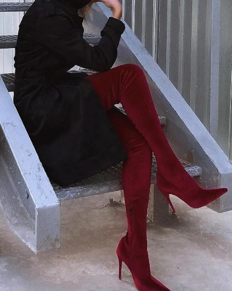 Pointed Elastic Heel Frosted High Boots Women