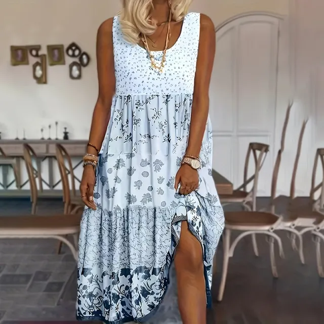 Women's Bohemian Floral Sleeveless Midi Dress Round Neck A Line Summer Dress For Casual Or Dressy Occasions Grey Blue - Shop at LoveMi