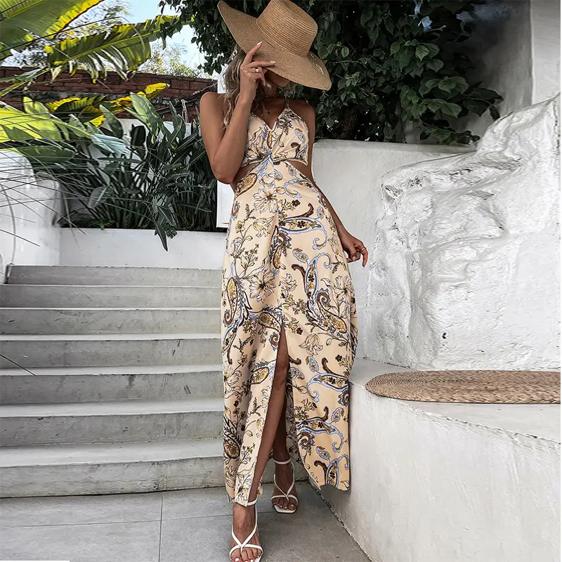 European And American Sleeveless Print Swing Elegant Halter Sling Holiday Dress