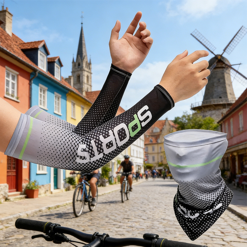 UV Resistant Ice Silk Cooling Set - 1 Pair Arm Sleeves 1 Face Mask Scarf,  Sun Protection For Running, Cycling, Outdoor Sports