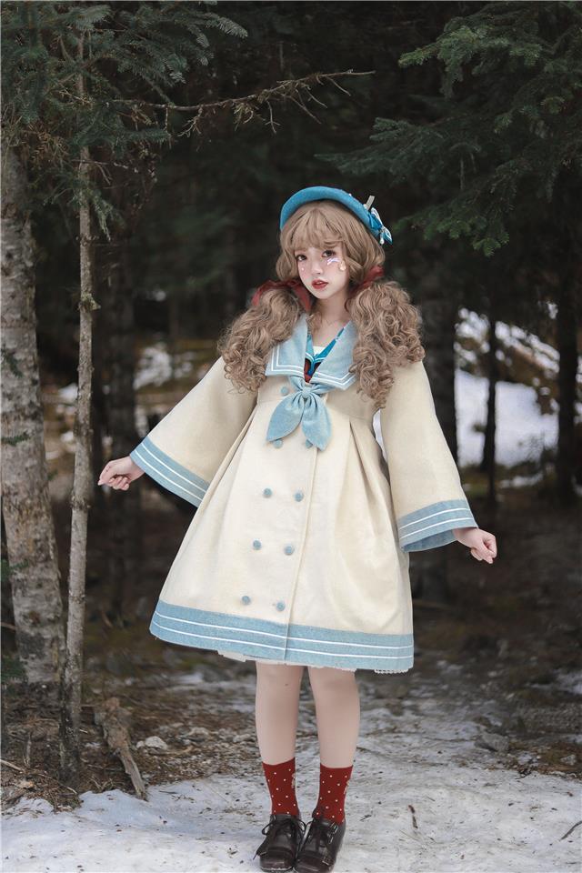 Japanese Girl College Style Stitching Woolen Coat