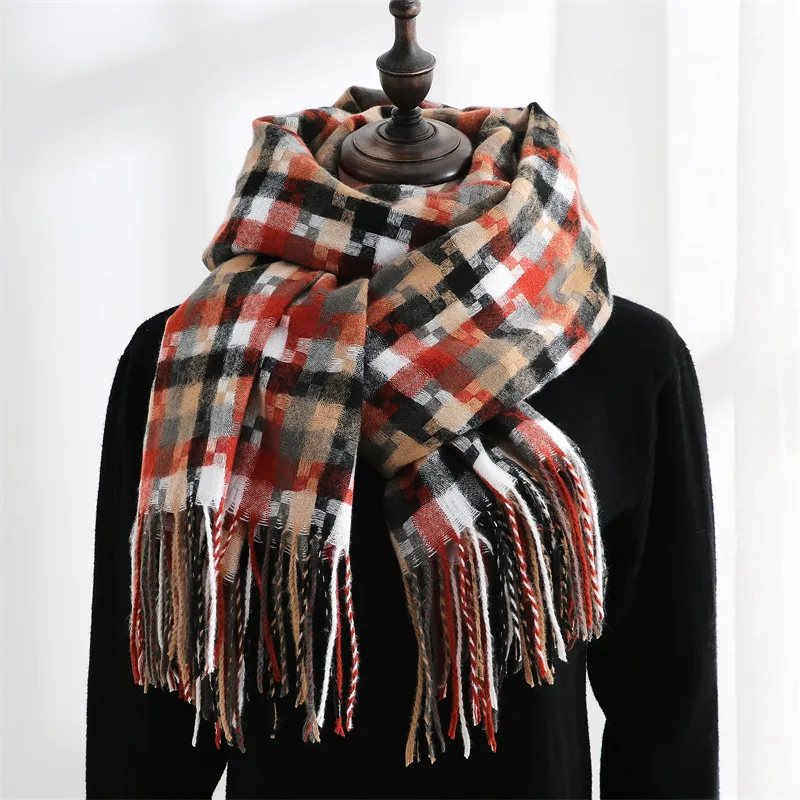 New Plaid Scarf Women Tassel Shawl Fashion - Dark Red