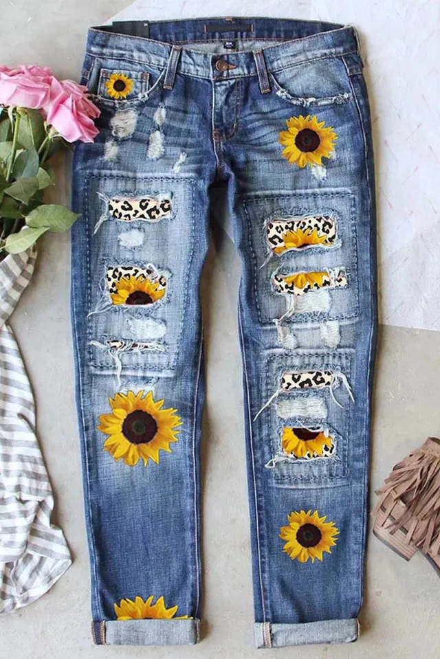 Woman's Middle In Ripped Printed Jeans Blue - Shop at LoveMi