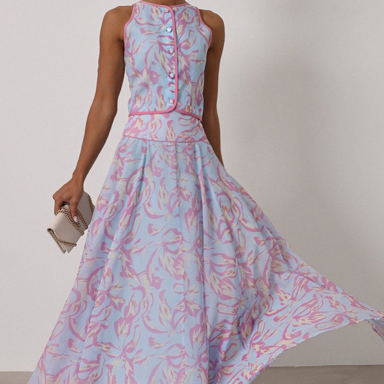 Abstract Print Sleeveless Crop Vest & Flared Midi Skirt 2-Piece Set 9
