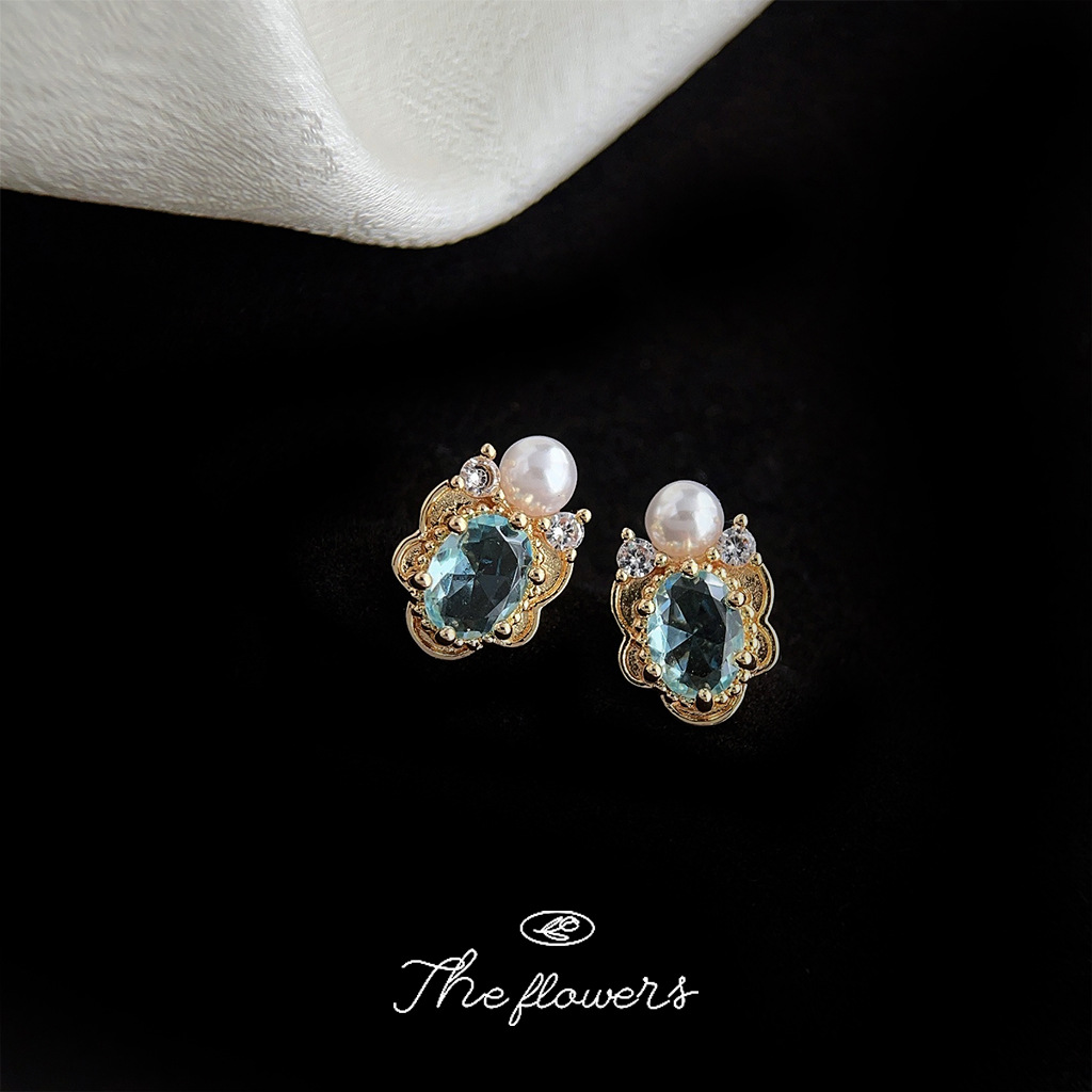 New Aquamarine 14K Gold Plated Micro Paved Zircon Stud Earrings, Literary Vintage Creative Design Versatile Daily Commute Fashion Ear Jewelry