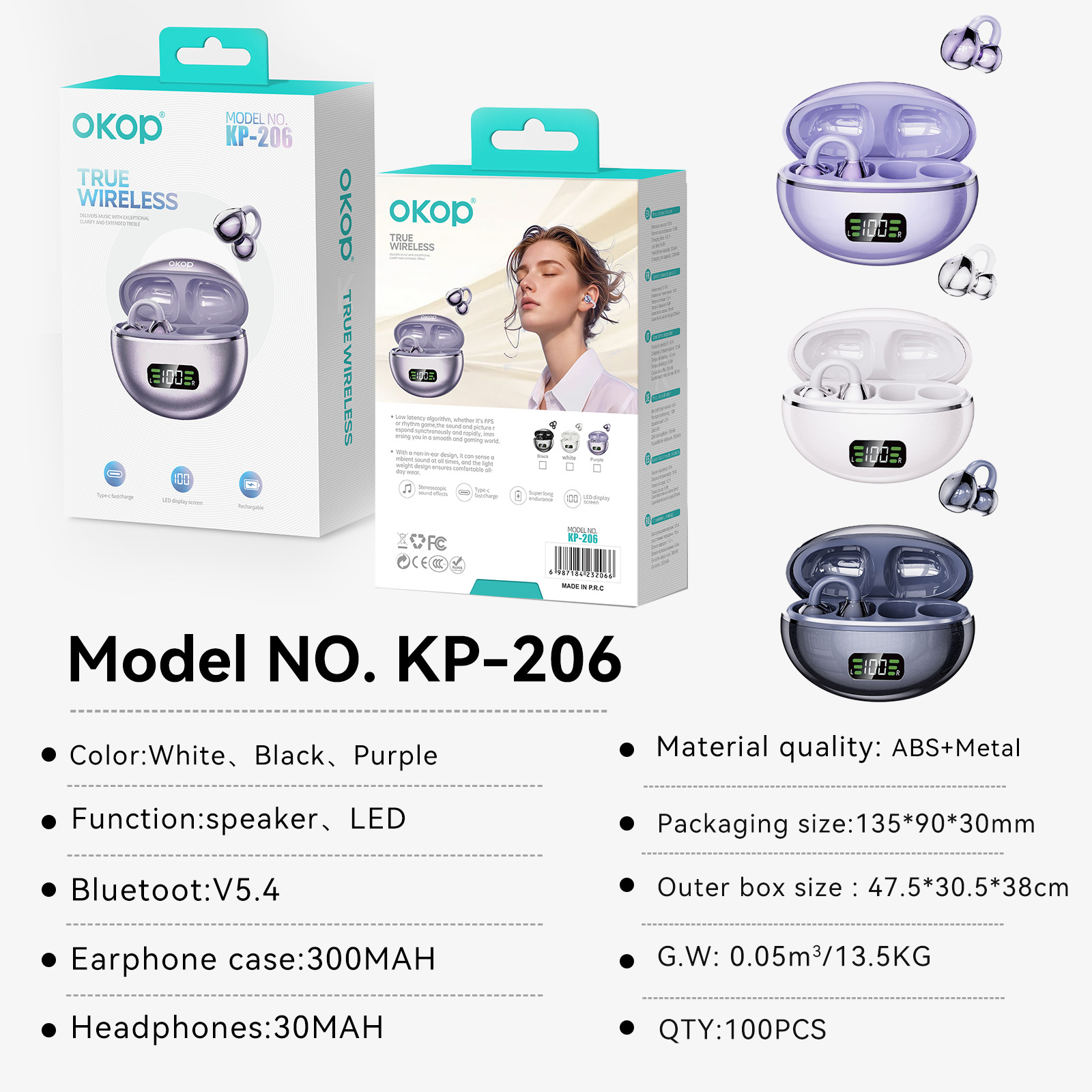 KP-206 New Wireless Bluetooth Earbuds Digital Battery Display OWS High Fidelity Audio Clip-On Design Export-Ready Factory Stock Gift Item 6