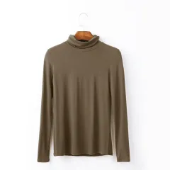 Oversize Women's Long Sleeved T-shirt Solid Colour High Collar Modal Undercoat - Khaki - View 1