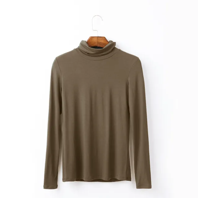 Oversize Women's Long Sleeved T shirt Solid Color High Collar Modal Undercoat Khaki - Shop at LoveMi