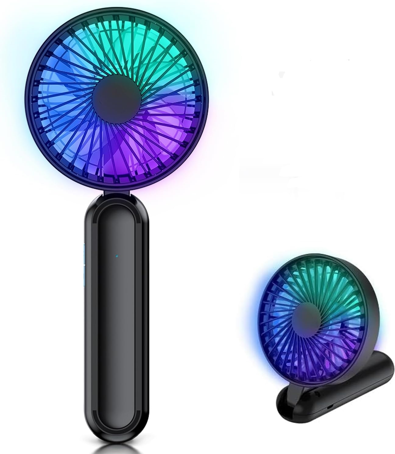 Portable Handheld Fan with RGB Color Light. Quick cool down with 7 pcs fan blades and strong power for maximum air flow. Ideal for outdoor use during high temperatures. High-quality LED night light with 2 brightness settings. USB rechargeable with the opt