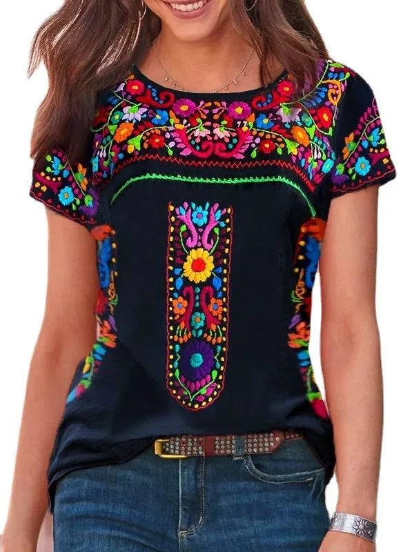 Women's Bohemian Print Round Neck Short Sleeve T shirt Top Black - Shop at LoveMi