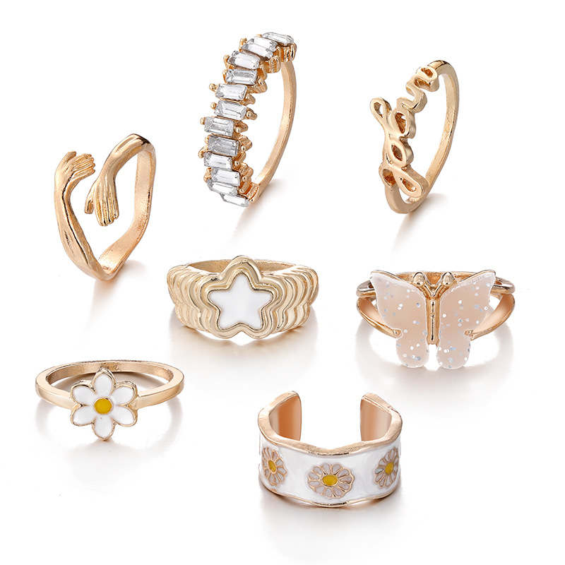 New Butterfly Star Diamond Daisy Flower Oil Drip Ring Set