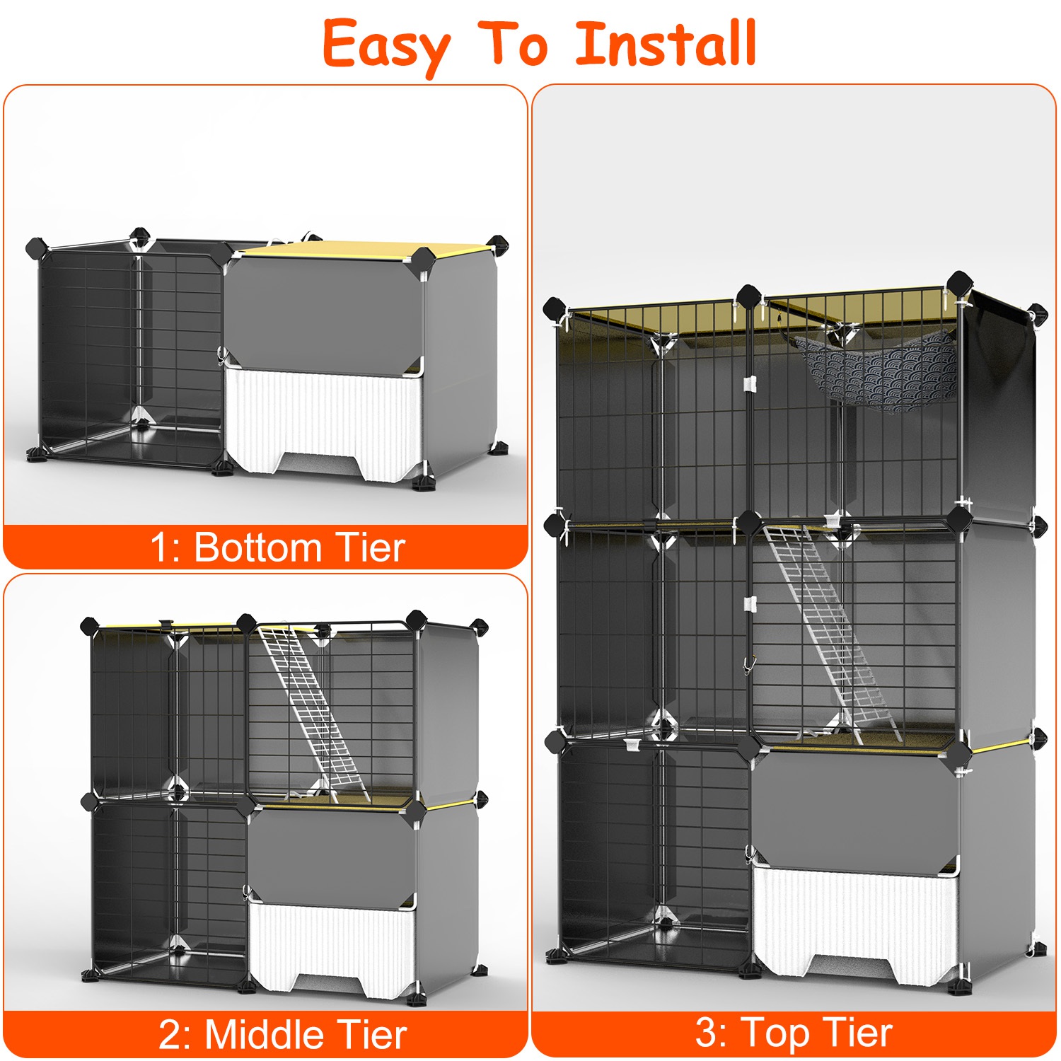 3 Tier Cat Cage Indoor With Litter Box Hammock Detachable Metal Wire Cat Kennel Cat House Cat Enclosure With Ladder For 1-2 Kittens