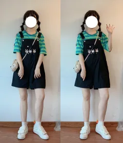 Women's Cute Rabbit Embroidered High Waist Loose Bib Shorts - Black - View 1