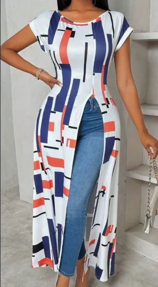 Women's Casual Geometric Print High Slit Maxi T Shirt, Summer Blue - Shop at LoveMi