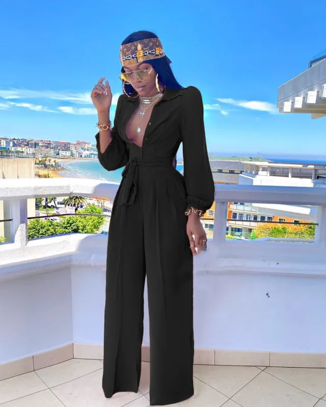 Fashion Solid Color Casual Shirt Collar Jumpsuit With Belt Black - Shop at LoveMi