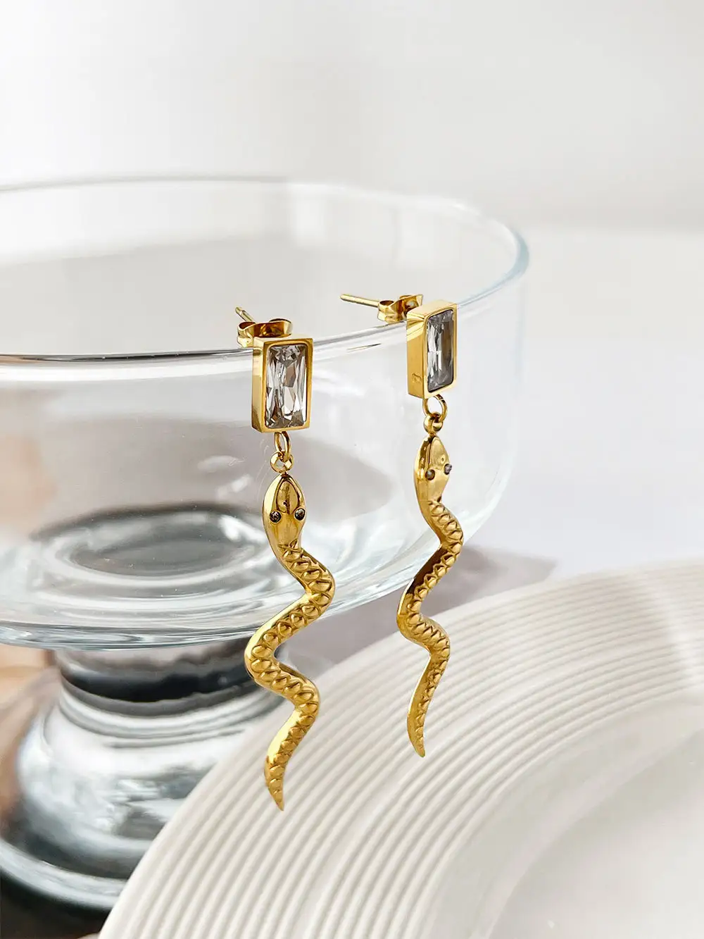 Affordable Luxury Style Snake Stud Inlaid Square Multicolor Zircon Earrings