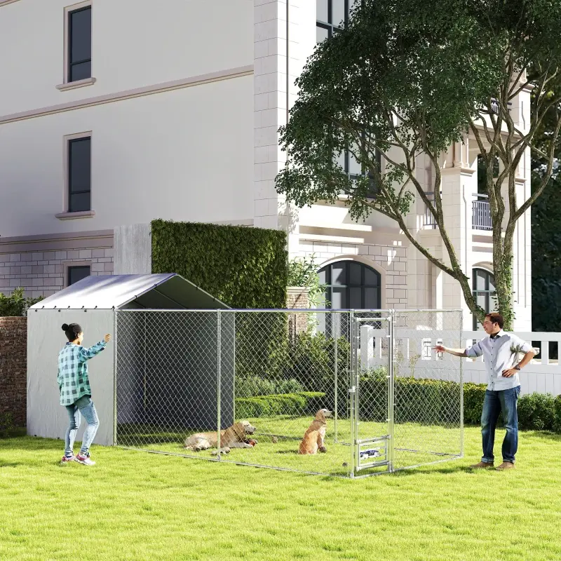 Galvanized Chain Link Large Outdoor Dog Kennel With Waterproof & UV-Resistant Cover, For M&L Dogs, 19.7' X 7.5' X 7.5',Multiple Packages