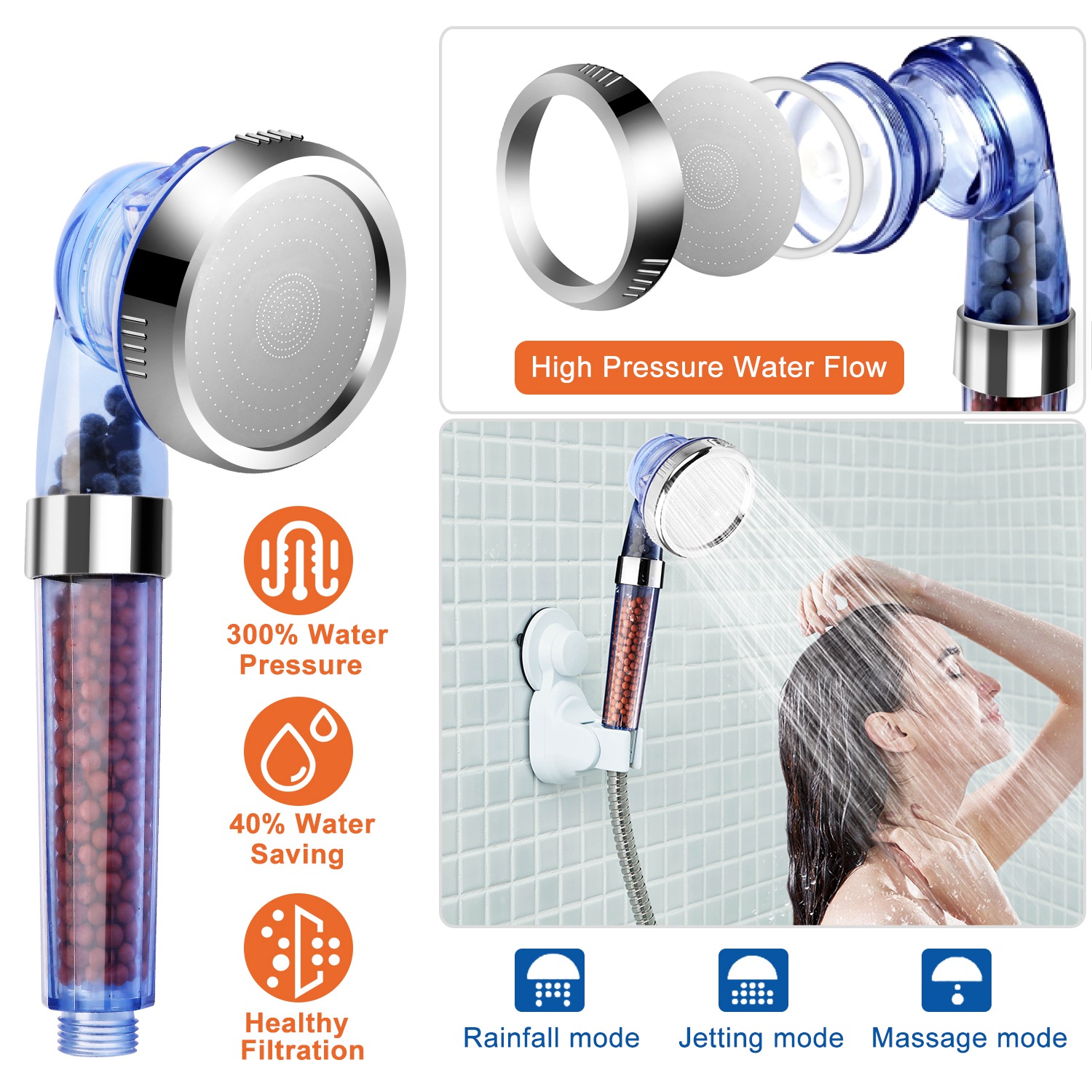 1Pc Ionic Filtration Shower Head High Pressure 3 Mode Stone Water Saving Bath Handheld Shower_voghion.com