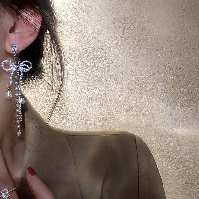 Zircon Bowknot Tassel Earrings European And American Exaggerated Long Earrings Earrings