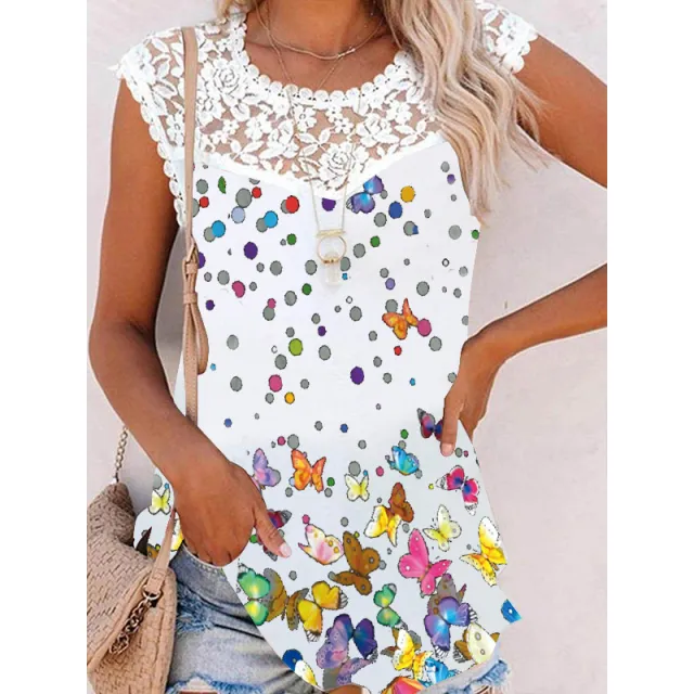 Summer Print Crew Neck Lace Trim Casual Loose Women's Tank Top Picture2 - Shop at LoveMi