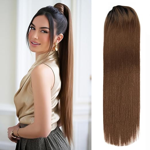 Straight Ponytail Extension Drawstring Ombre Brown LongClip-in Hairpiece For...