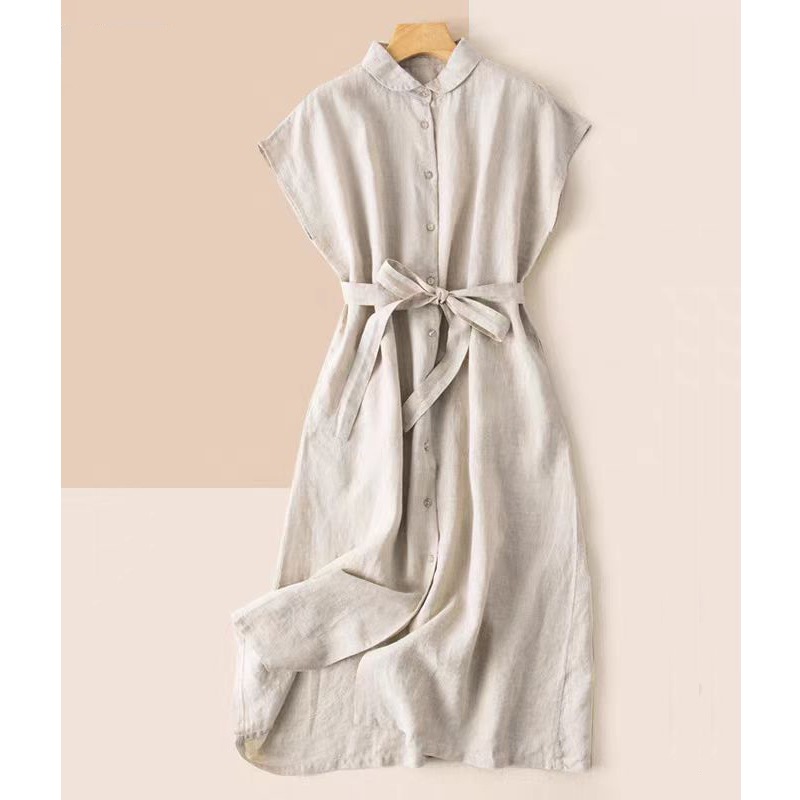Linen Sleeveless Dress, Women Summer Casual Midi Dress, Lapel Waist-tight Cotton Linen A-line Dress