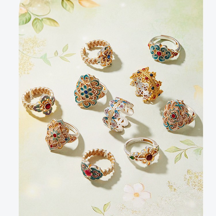 Chinese Style Women Ring, Niche Design Enamel Hanfu Crown Ruyi Adjustable Open Ring