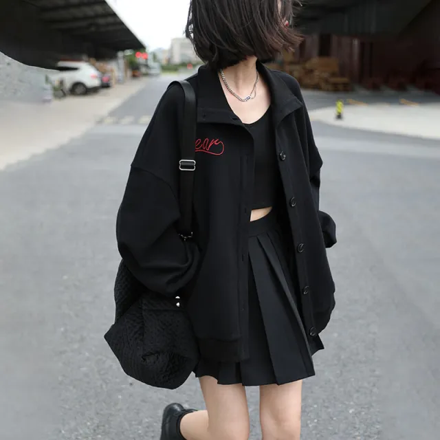 Sweet Cool Loose Long Sleeve Stand Collar Embroidered Letters Casual Jacket Black - Shop at LoveMi