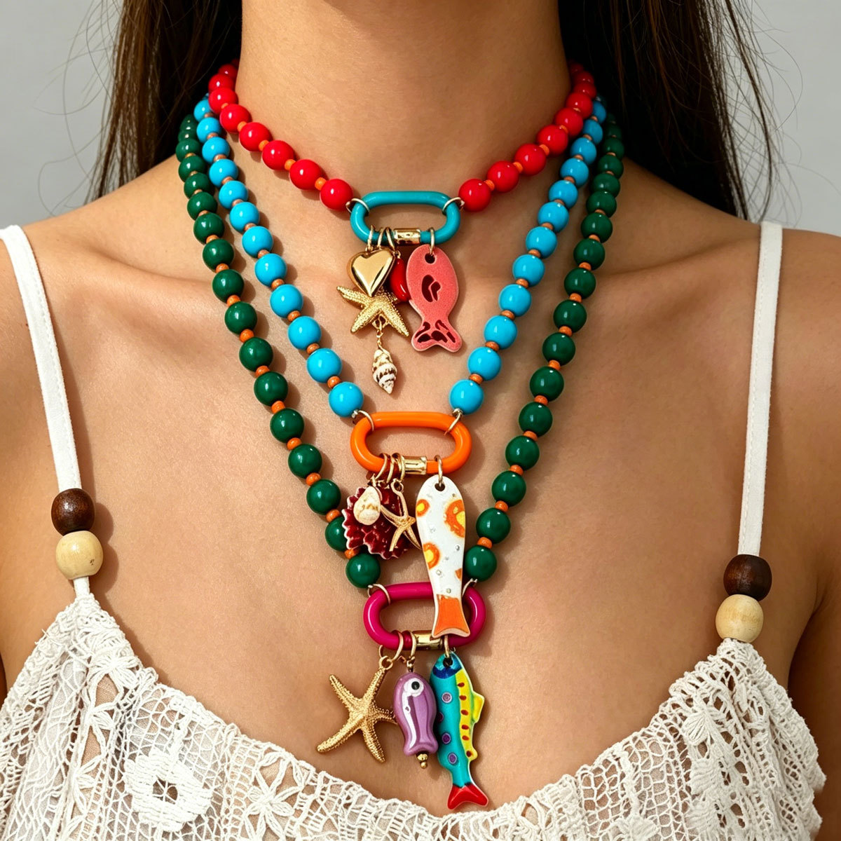Cross-Border European American Ocean Style Necklace, Dopamine Color Geometric Beaded Chain With Starfish Design, Versatile Elegant Clavicle Neck Jewelry For Women