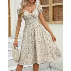Women's Floral Summer Dress Casual Short Sleeve Ruffle Flowy Midi Sundress Boho Beach Vacation Dress - Grey - View 1