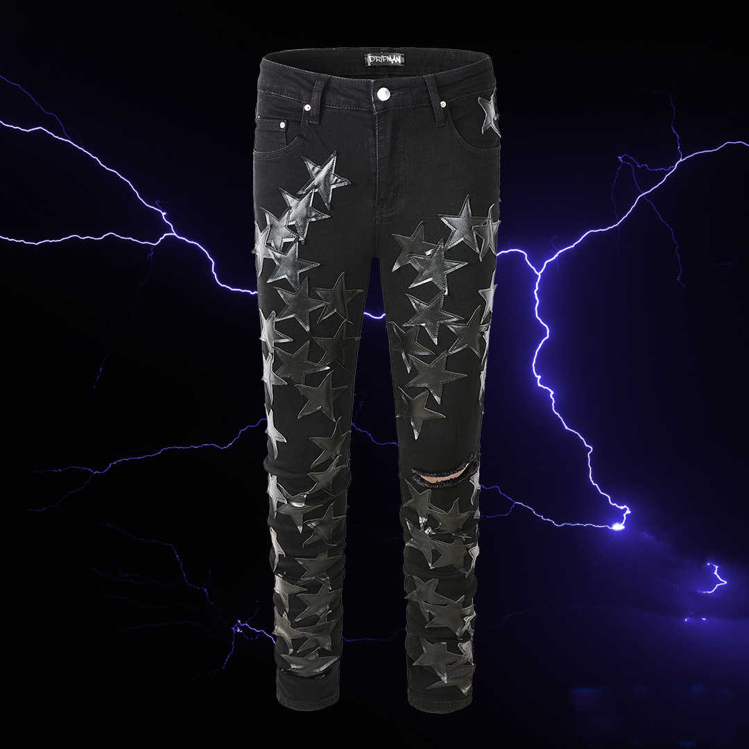 Ripped High Street Leather Star Trend Jeans