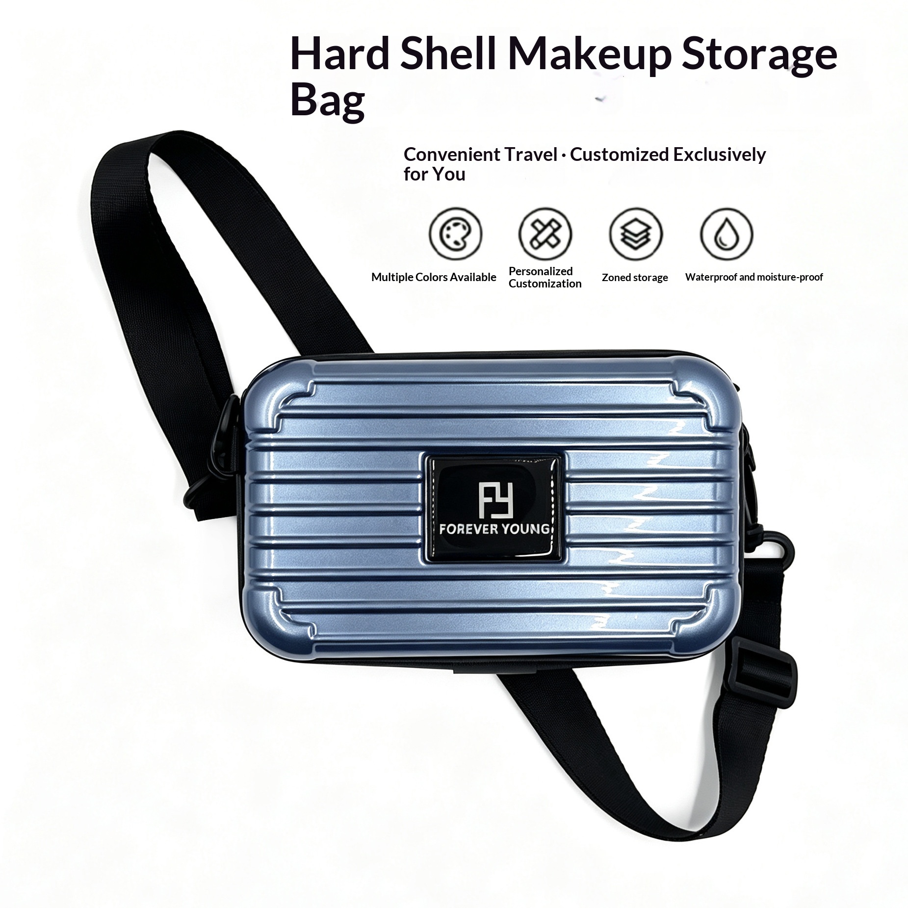 7 Inch Clear Hard Shell Wash Bag With Crossbody Strap, Large Capacity Waterproof Toiletry Bag, Structured Makeup Case For Travel -ice Blue