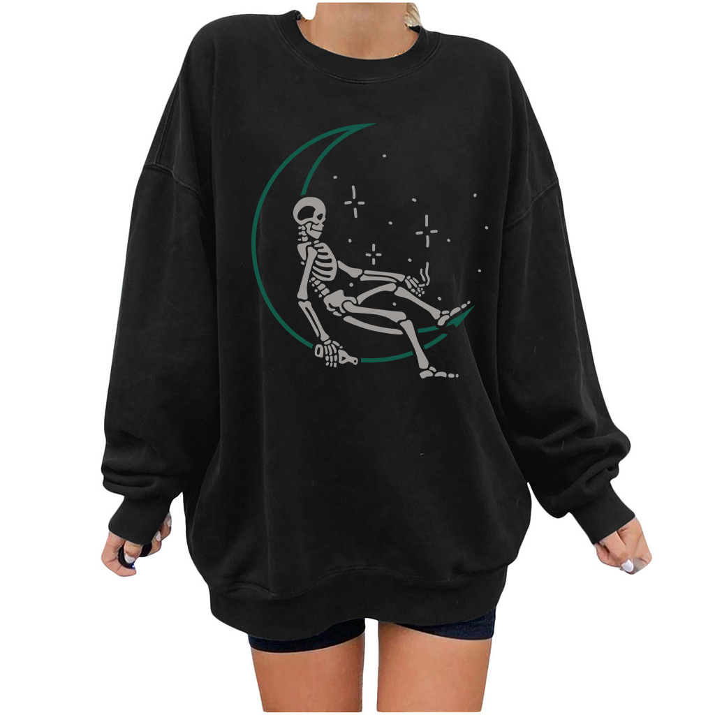 Skull Star Women's Sweater Printed Women's Shoulders Large Size Round Neck Fleece Sweater Women