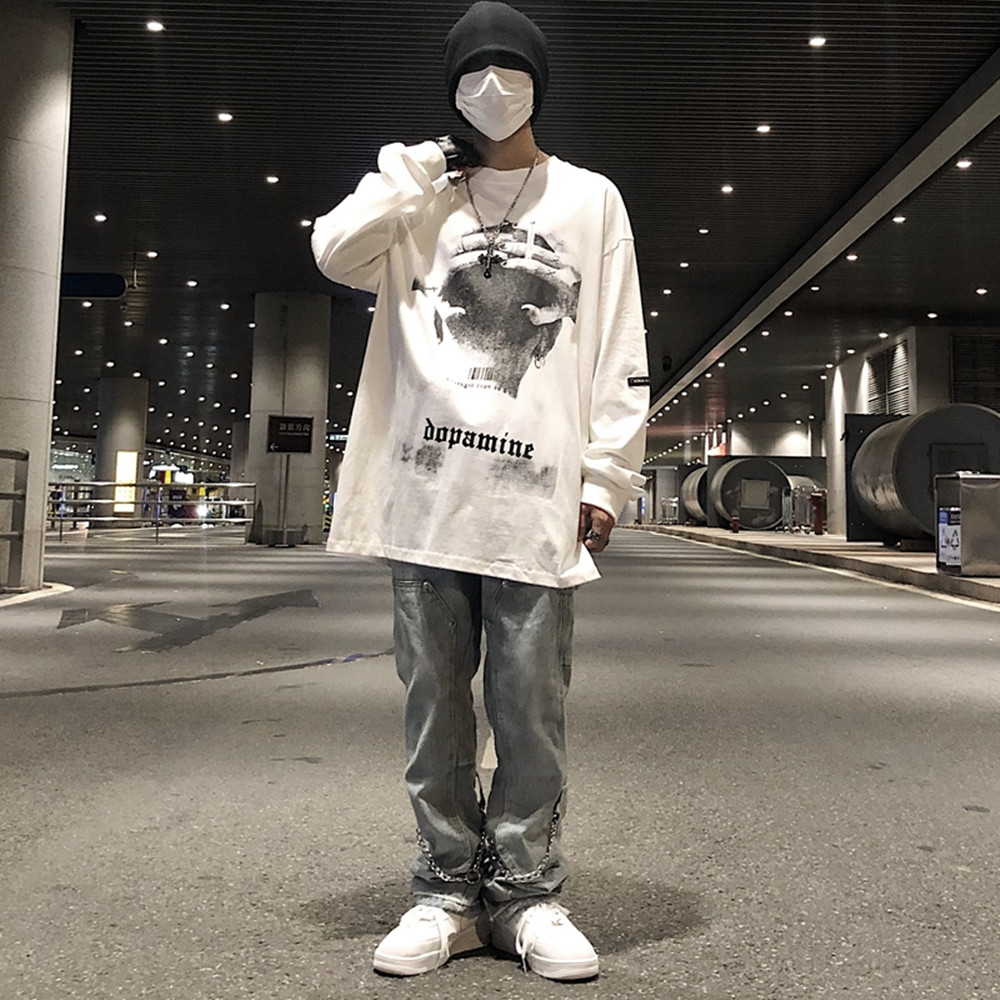 High Street Portrait Print Long-sleeved T-shirt Men's And Women's Trendy Brand