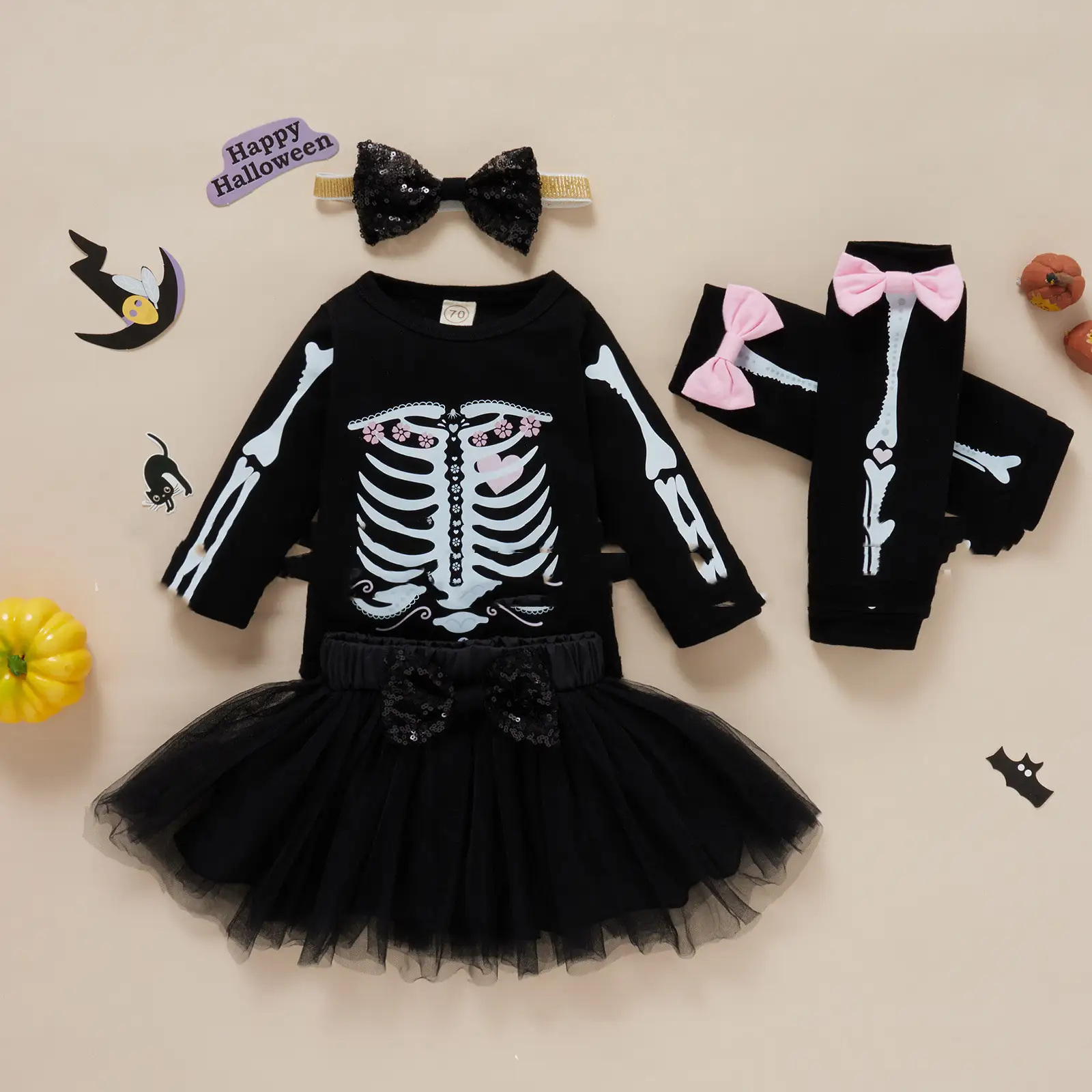 Summer Popular Halloween Girls' Funny Printed One-piece Romper Mesh Skirt Suit
