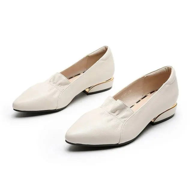 True Soft Leather Flat Sole Single shoe Women's Low heeled Shoes Beige - Shop at LoveMi