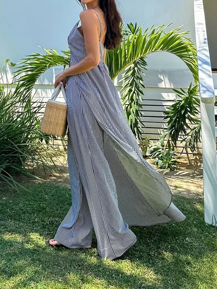 Suspender Striped Long Top Wide Leg Pants Suit