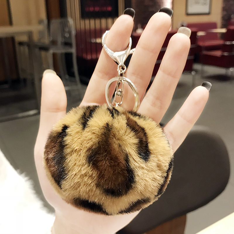 New Leopard Love Fur Ball Car Key Chain Pendant Small Gift – Khaki, Leopard Love Fur Ball