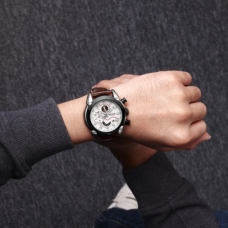 Multifunctional Watch Men's Leather Three-dimensional Dial Quartz Watch