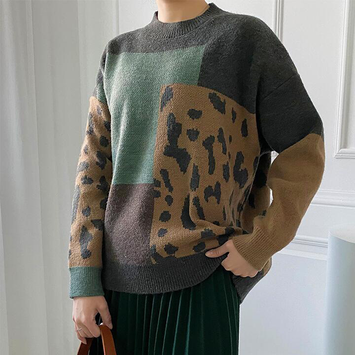 Lazy Style Pullover Color Block Leopard Sweater