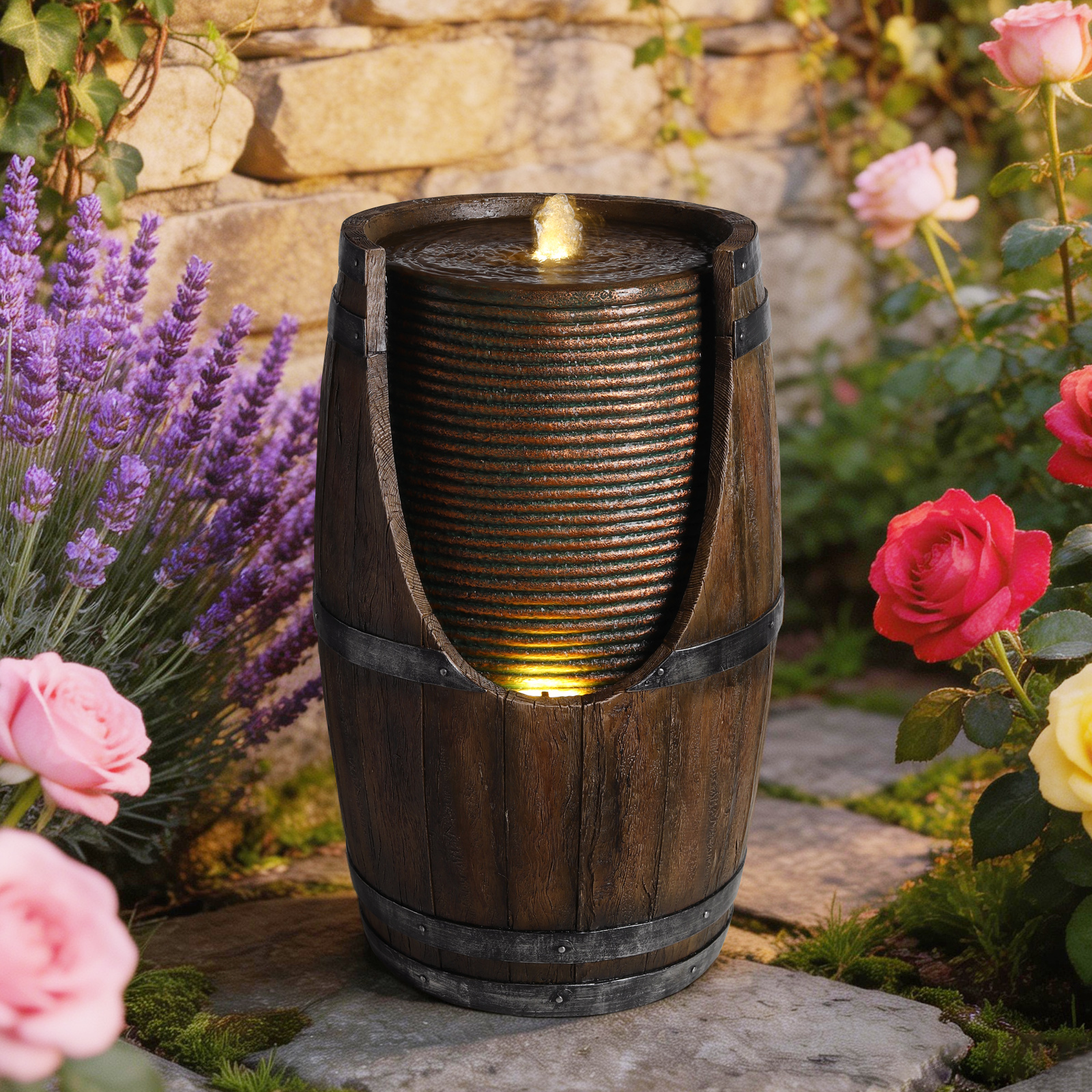 Outdoor Barrel Water Fountain With Lights Rustic Wood Look Resin Handmade Waterfall Garden Decor For Patio Yard Porch — foto 11