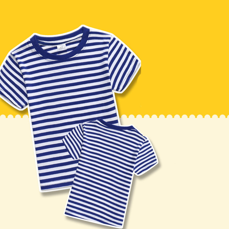 Children's Blue And White Stripes Round Neck Short Sleeve