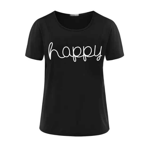 HAPPY European And American Fashion Lettering Ladies Short sleeved T shirt Black - Shop at LoveMi