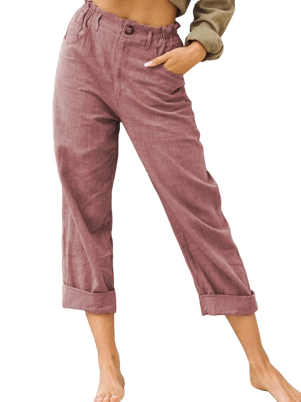 New Summer Solid Color Cotton Linen Fashion Loose High Waist Casual Trousers - Wine