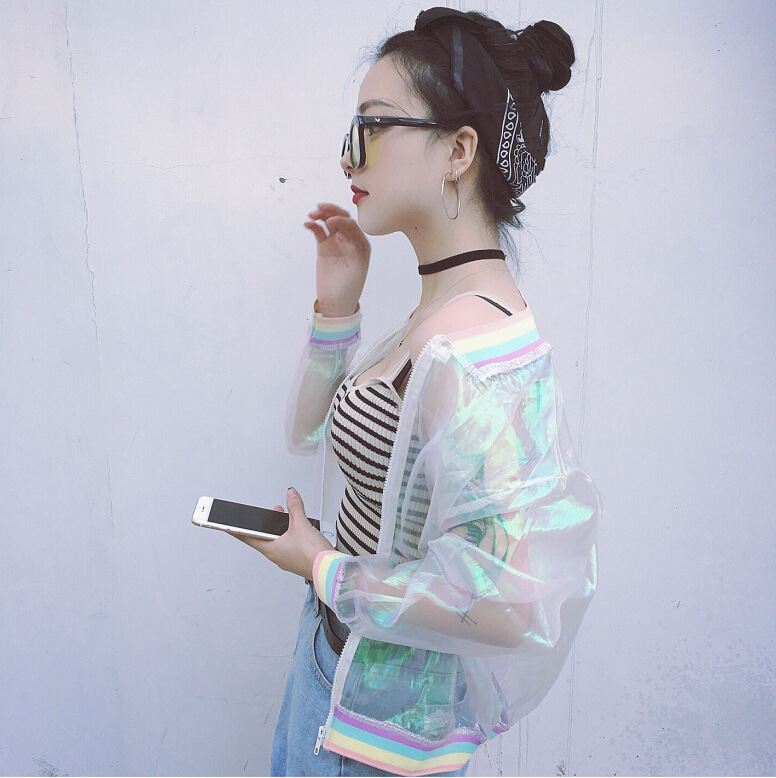 New Summer Wear Colorful Organza Stitching Rainbow Collar Loose Sunscreen Baseball Jacket