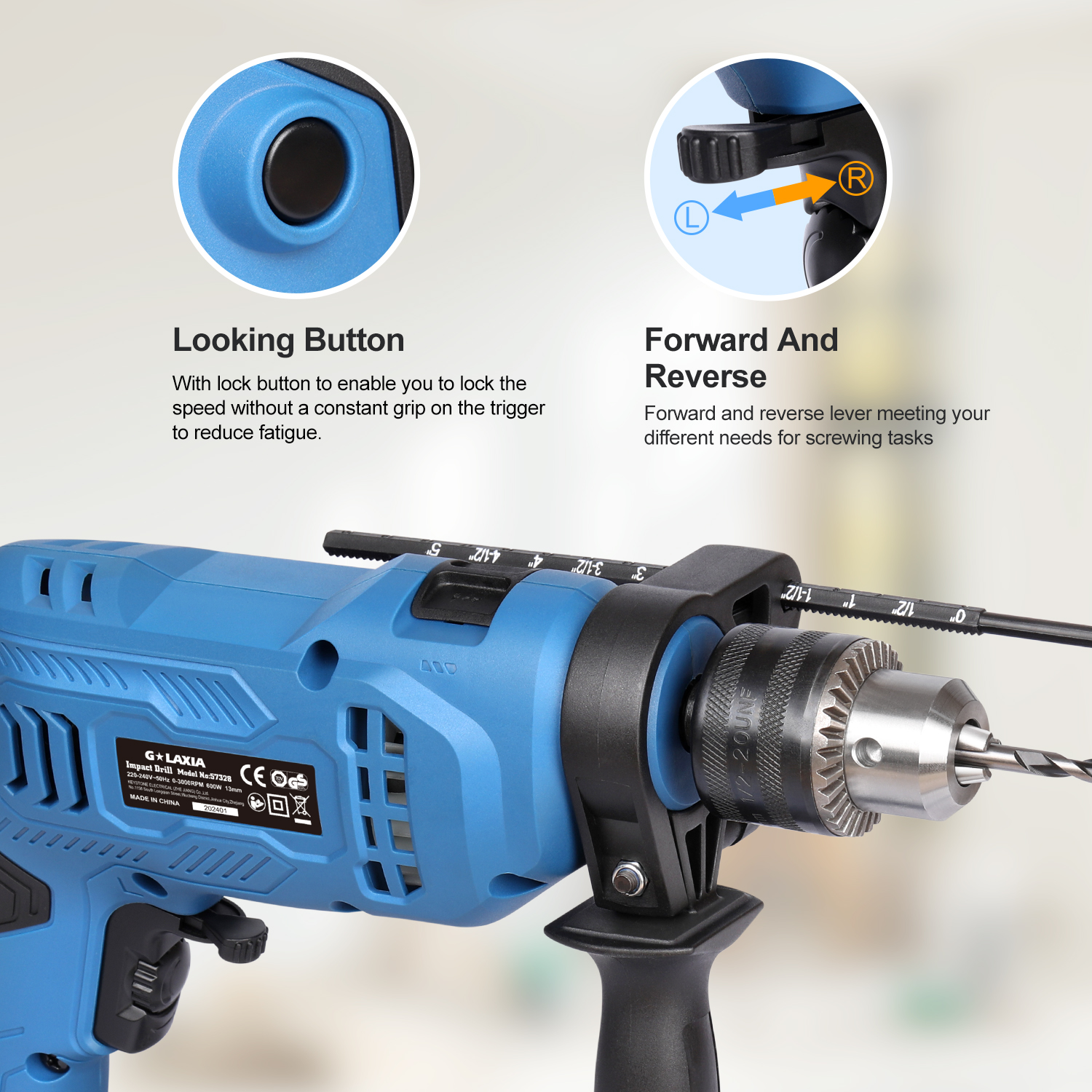 G LAXIA 550W Hammer Drill, Speed Variable 3000 RPM, 13mm Chuck, Electric — image 9