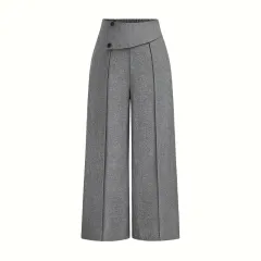Women's Elegant High-Waisted Wide Leg Pants, Solid Color Button Detail Trousers For Office And Casual Wear - Gray - View 1